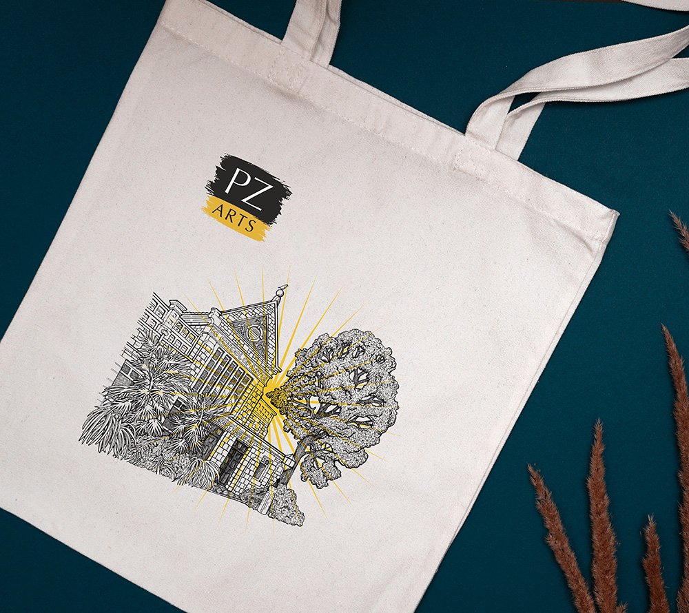 cotton tote bag with print of a building